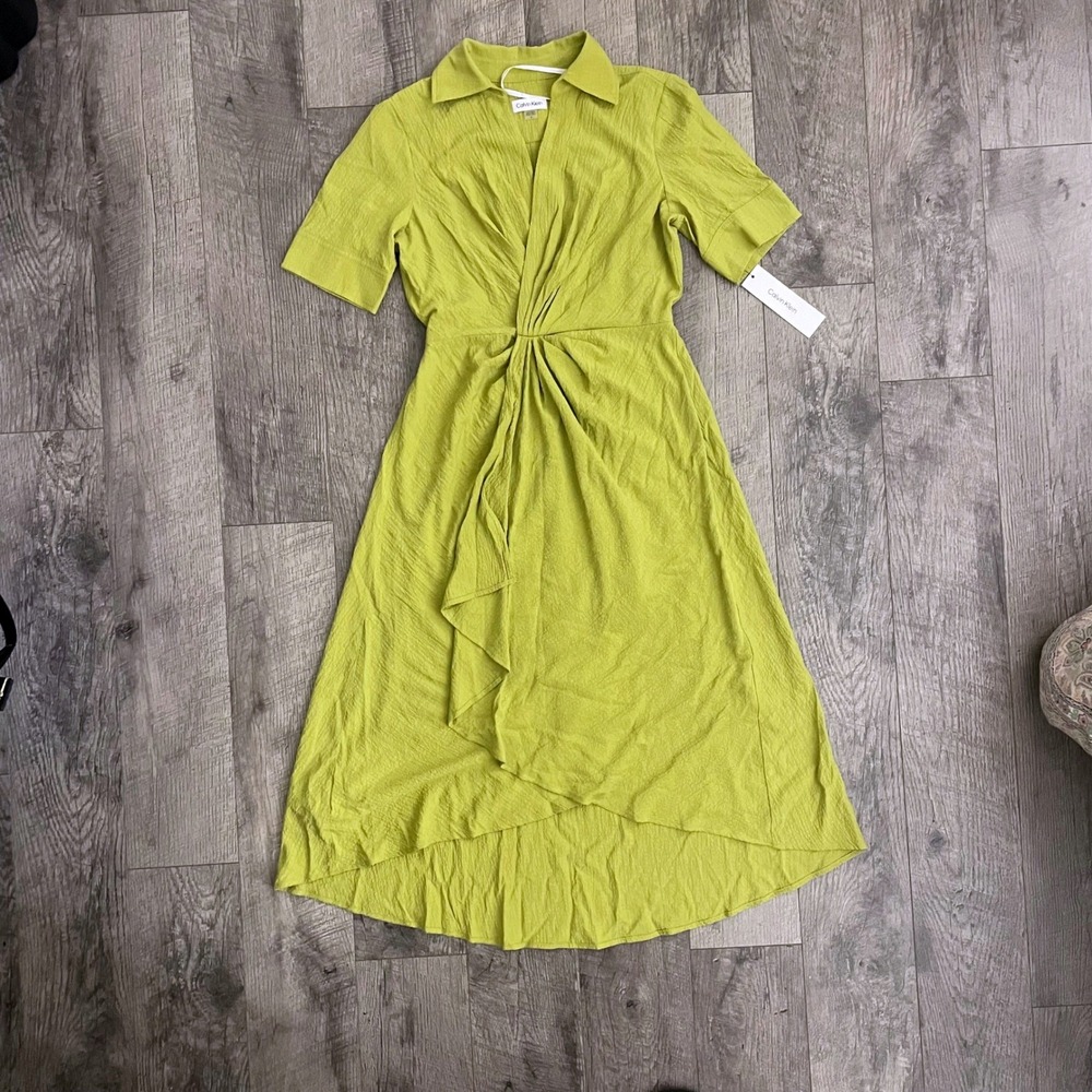 Calvin Klein Lime Green Twist Front High-Low Midi Dress CDBE1Y5T Size 8 - Picture 7 of 9